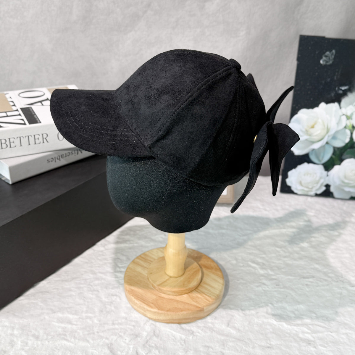 Faux Suede Baseball Cap With Detachable Back Bow - Black - 4