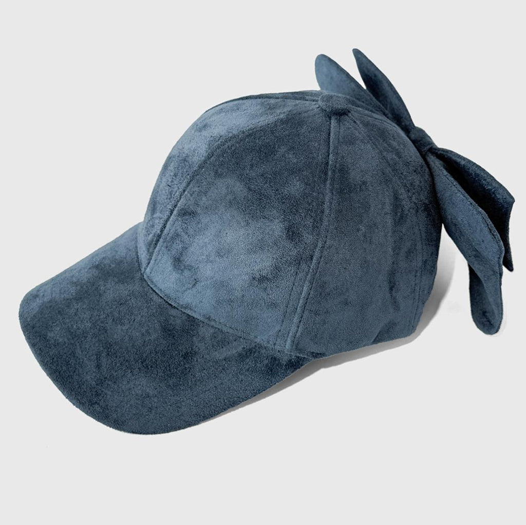 Faux Suede Baseball Cap With Detachable Back Bow - Blue