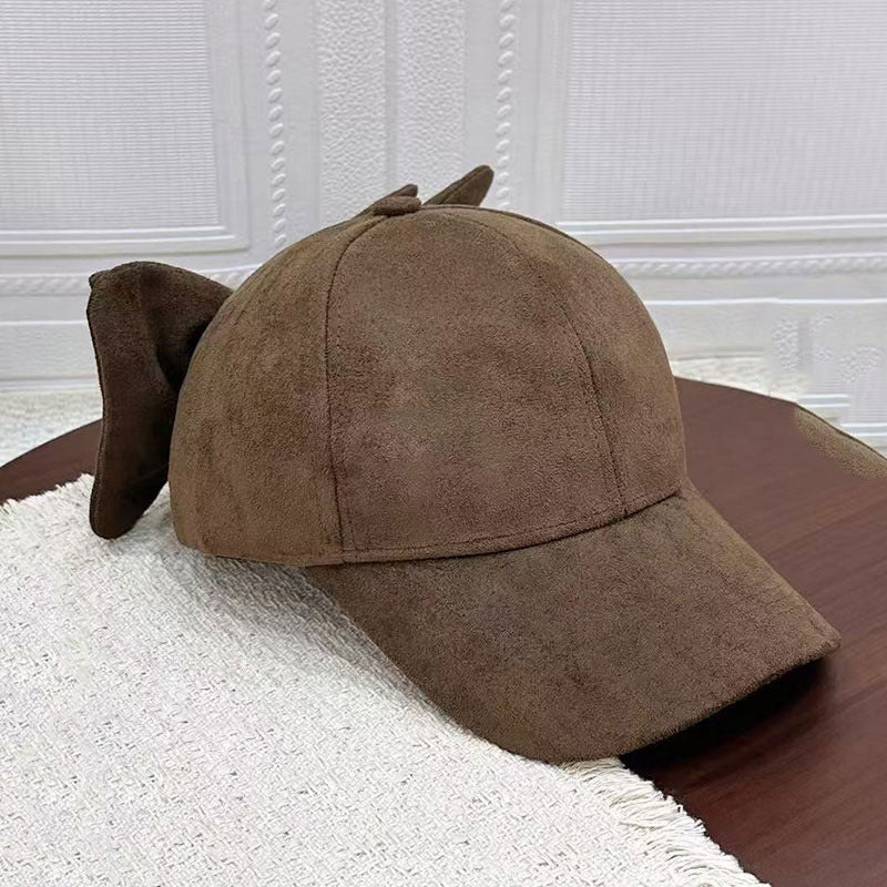 Faux Suede Baseball Cap With Detachable Back Bow - Coffee - 1