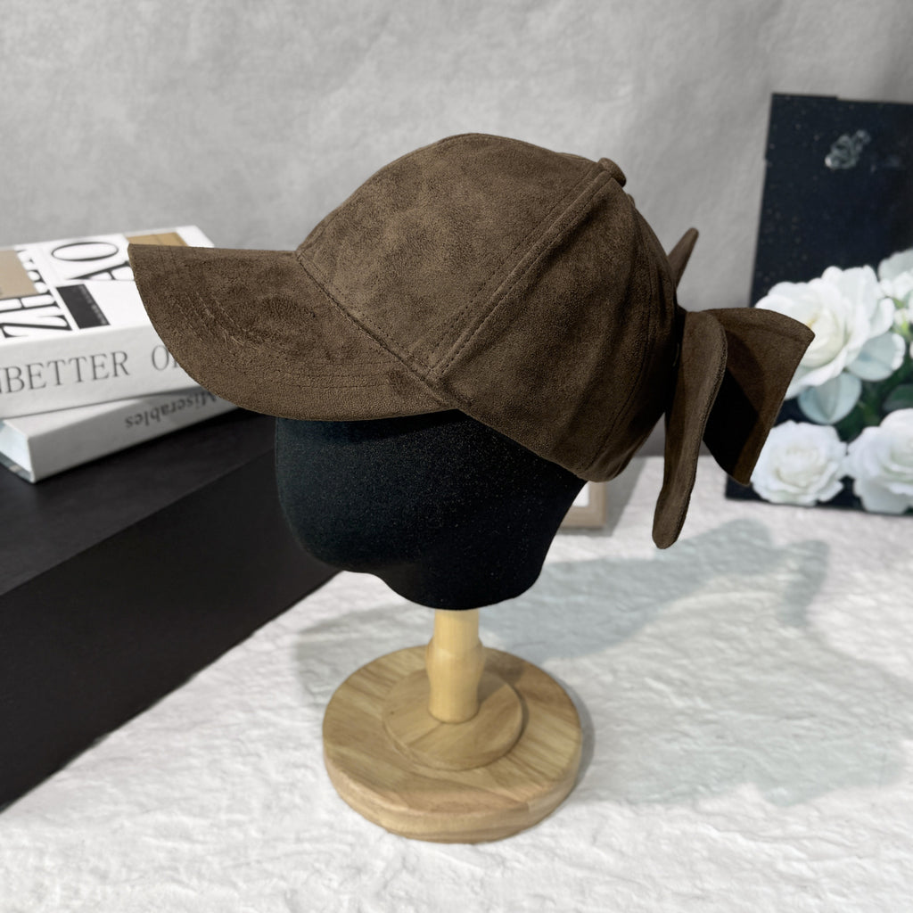 Faux Suede Baseball Cap With Detachable Back Bow - Coffee - 2