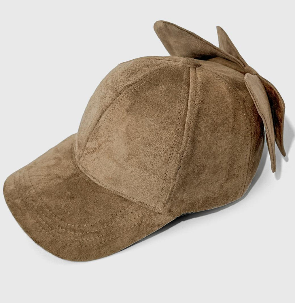 Faux Suede Baseball Cap With Detachable Back Bow - Khaki