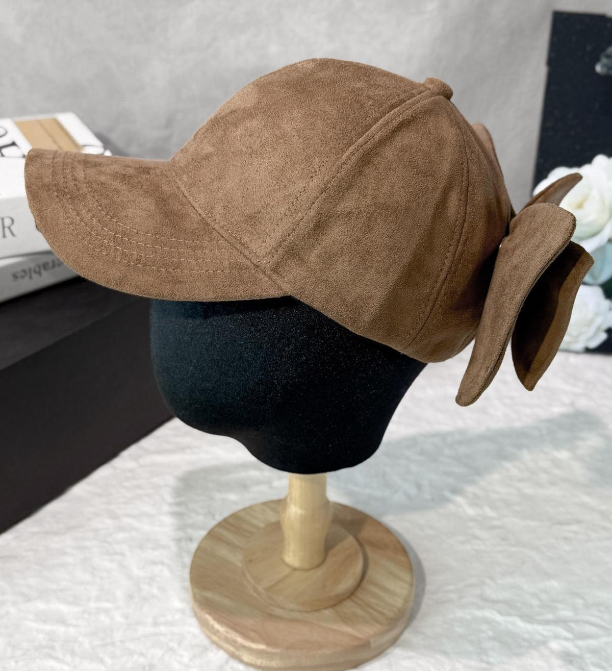 Faux Suede Baseball Cap With Detachable Back Bow - Khaki - 1
