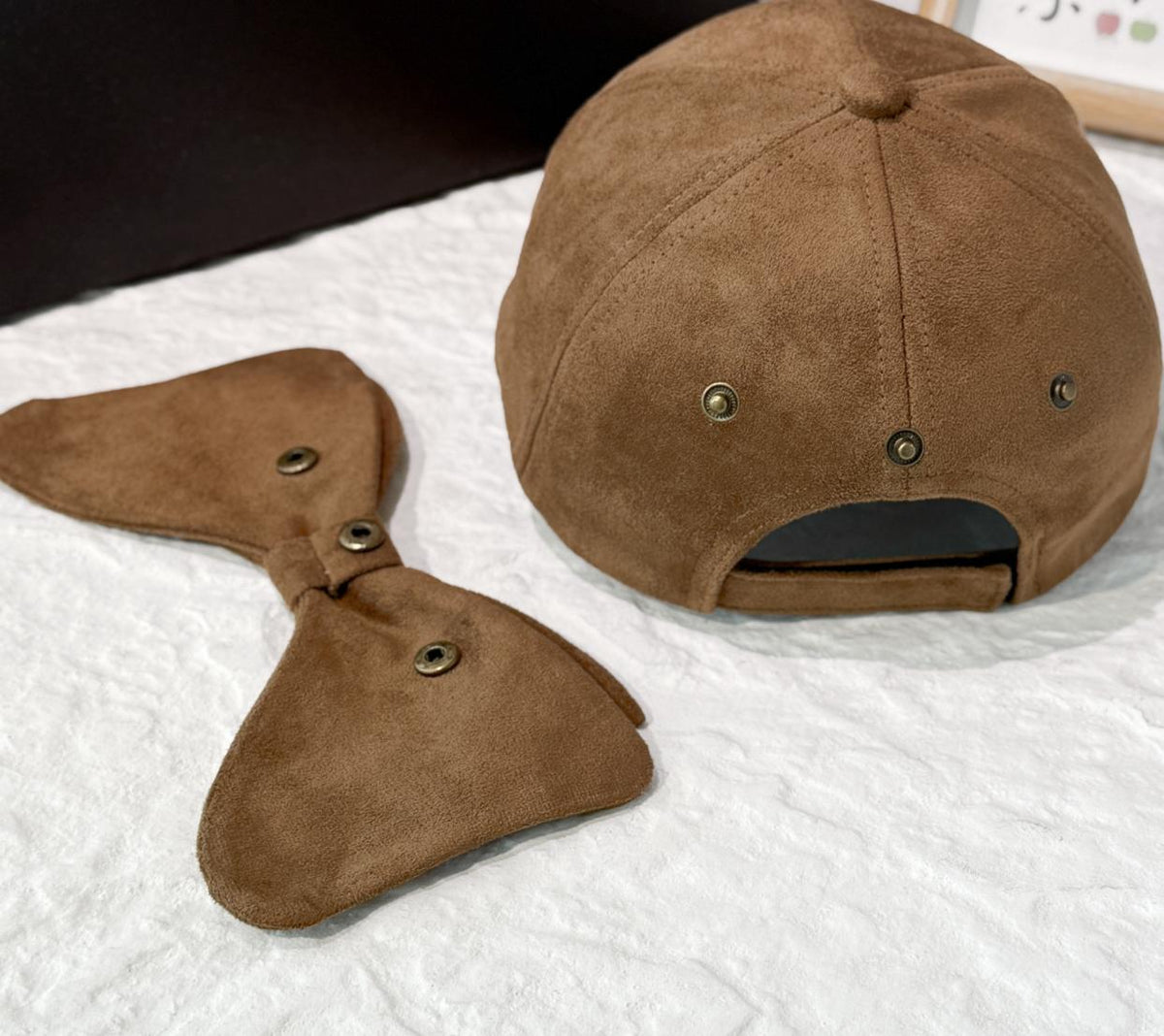 Faux Suede Baseball Cap With Detachable Back Bow - Khaki - 5