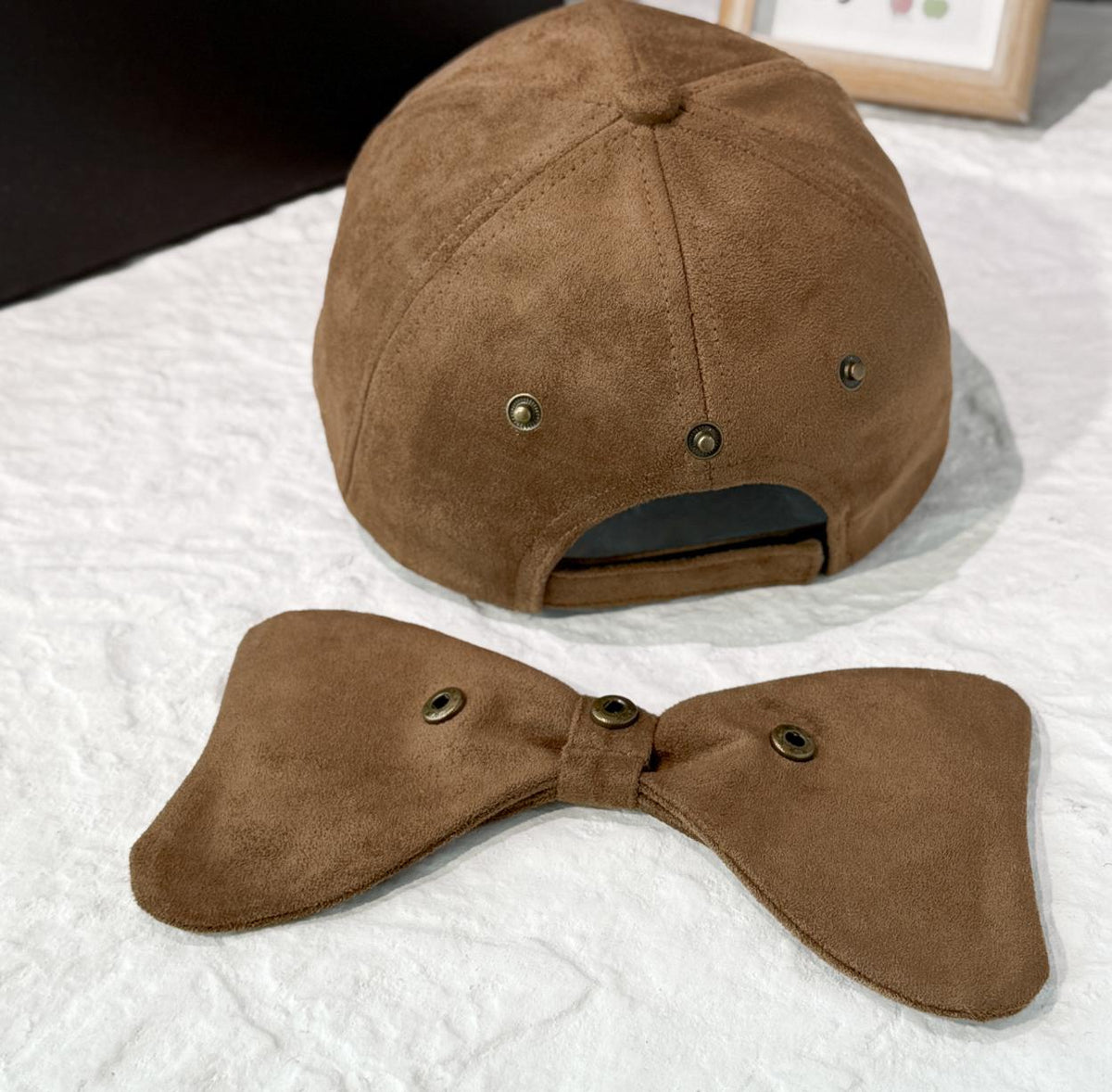 Faux Suede Baseball Cap With Detachable Back Bow - Khaki - 7