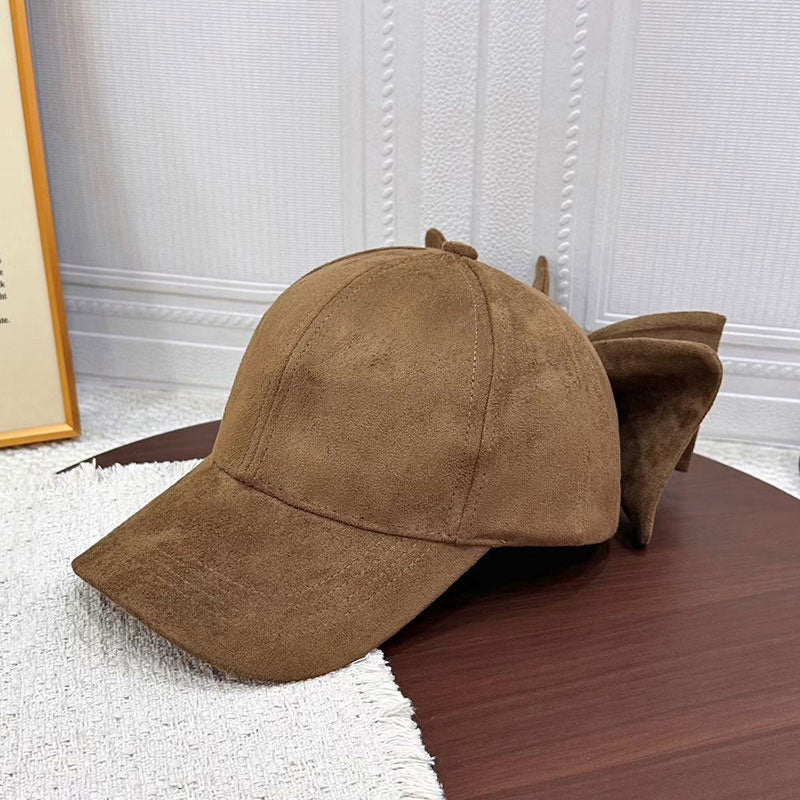 Faux Suede Baseball Cap With Detachable Back Bow - Khaki - 8