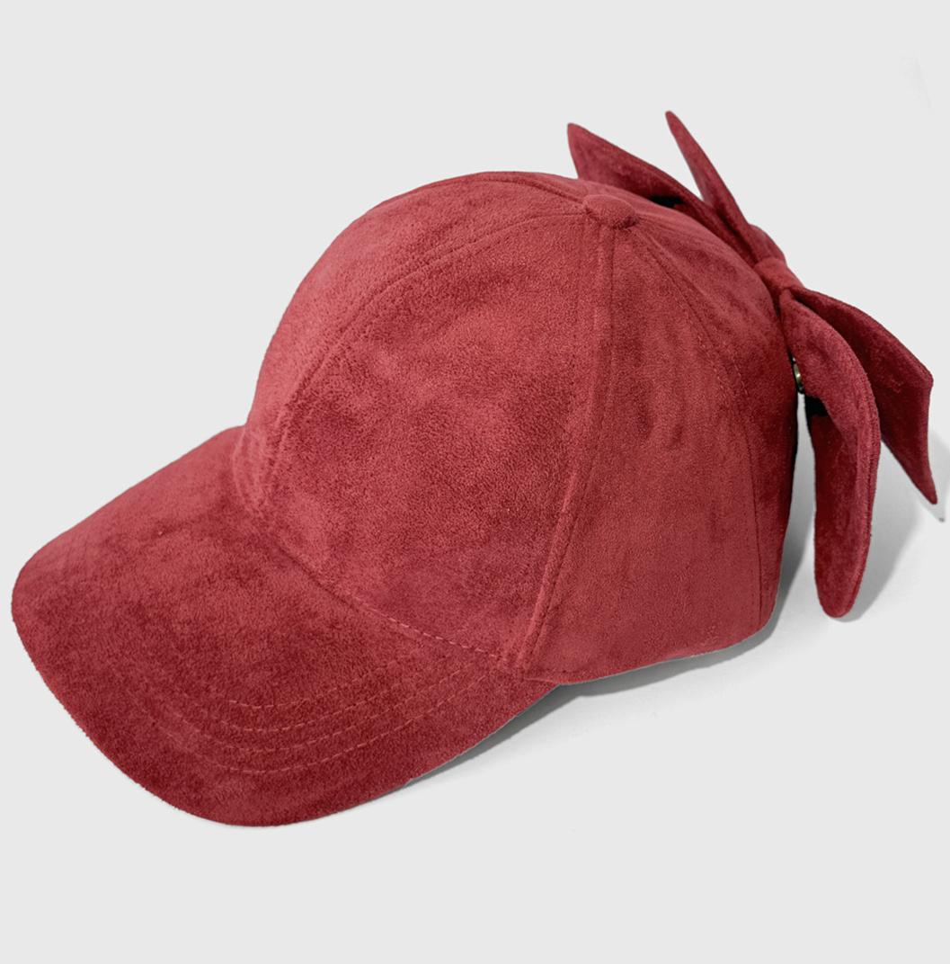 Faux Suede Baseball Cap With Detachable Back Bow - Red