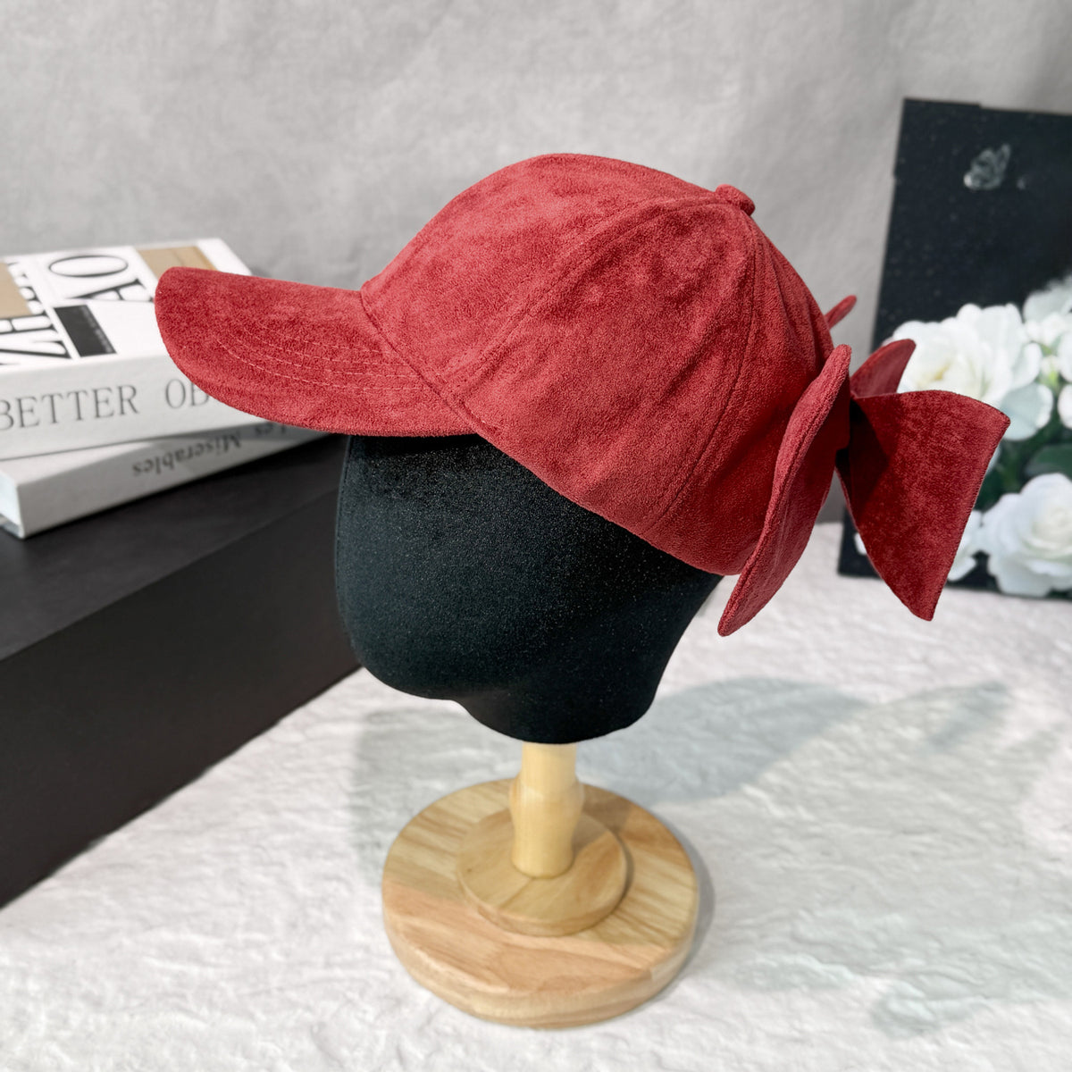 Faux Suede Baseball Cap With Detachable Back Bow - Red - 1