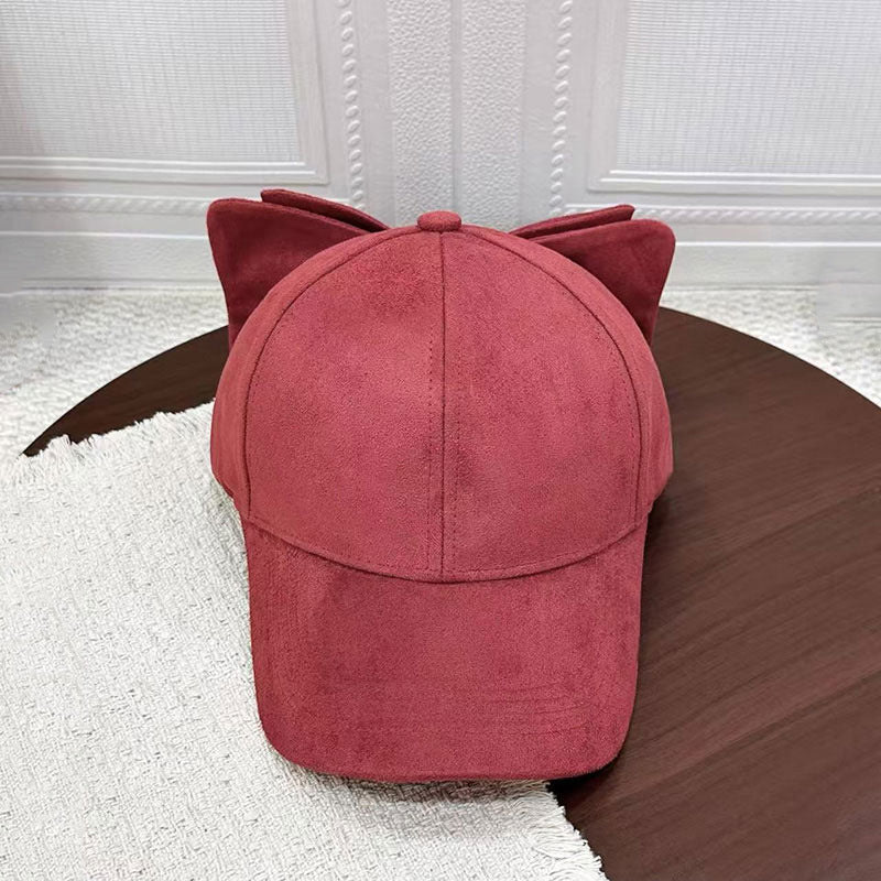 Faux Suede Baseball Cap With Detachable Back Bow - Red - 2