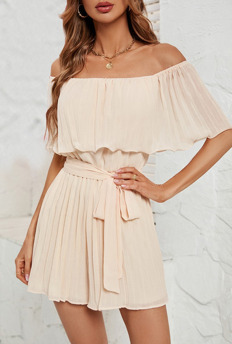 Off Shoulder Ruffle Tie Waist Romper - Apricot