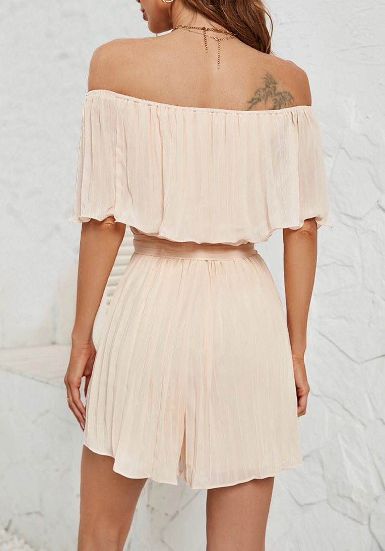 Off Shoulder Ruffle Tie Waist Romper - Apricot - 4
