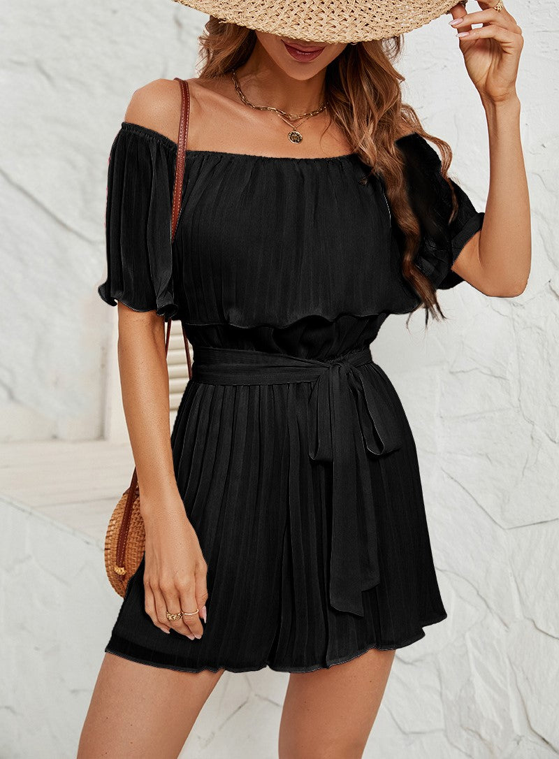 Off Shoulder Ruffle Tie Waist Romper - Black