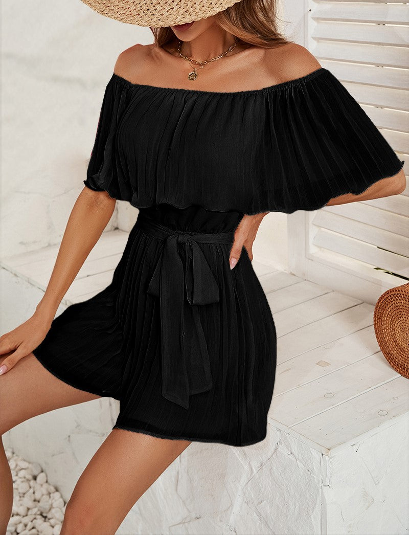 Off Shoulder Ruffle Tie Waist Romper - Black - 1