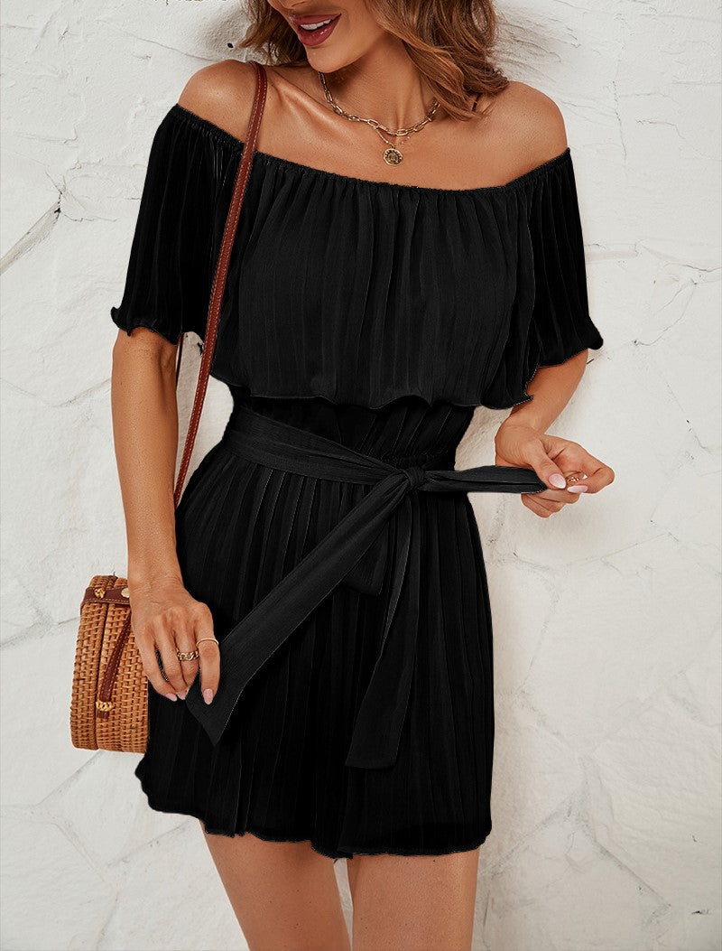 Off Shoulder Ruffle Tie Waist Romper - Black - 2