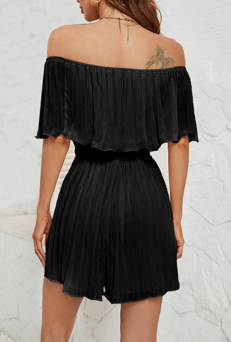 Off Shoulder Ruffle Tie Waist Romper - Black - 3