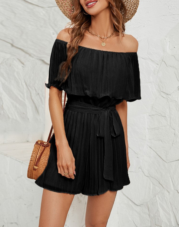 Off Shoulder Ruffle Tie Waist Romper - Black - 4
