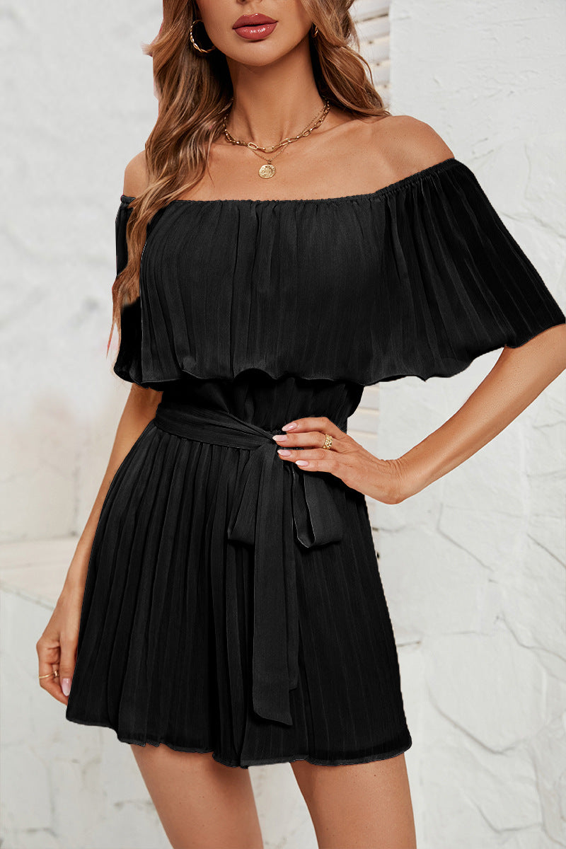 Off Shoulder Ruffle Tie Waist Romper - Black - 5
