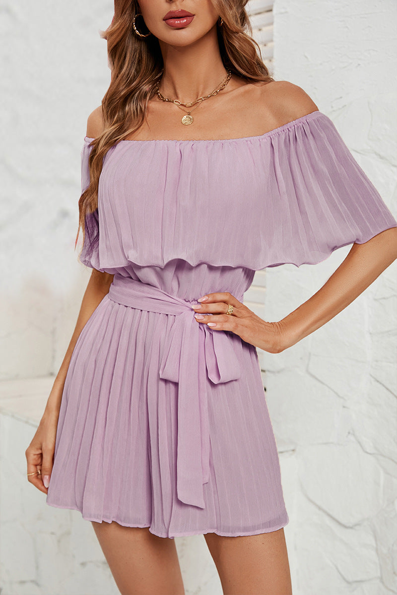 Off Shoulder Ruffle Tie Waist Romper - Purple