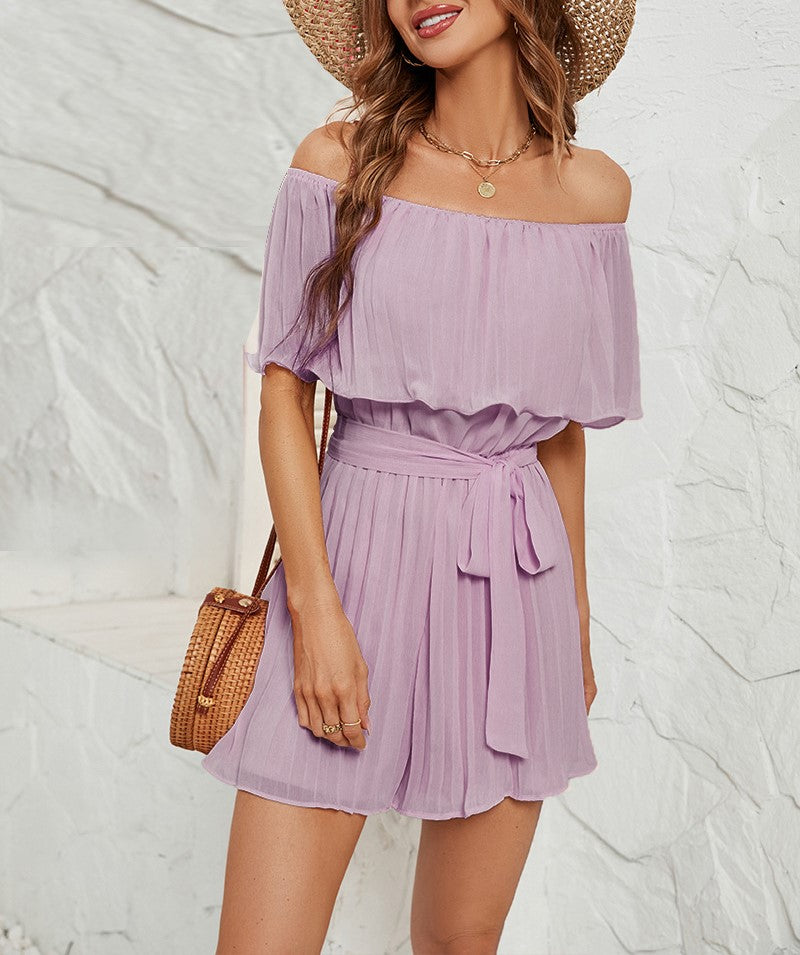Off Shoulder Ruffle Tie Waist Romper - Purple - 3