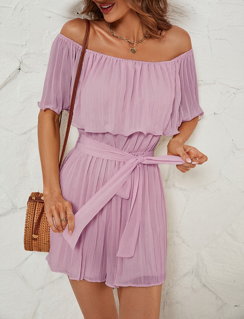 Off Shoulder Ruffle Tie Waist Romper - Purple - 4