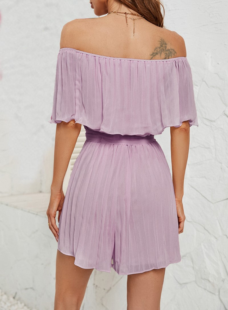 Off Shoulder Ruffle Tie Waist Romper - Purple - 5