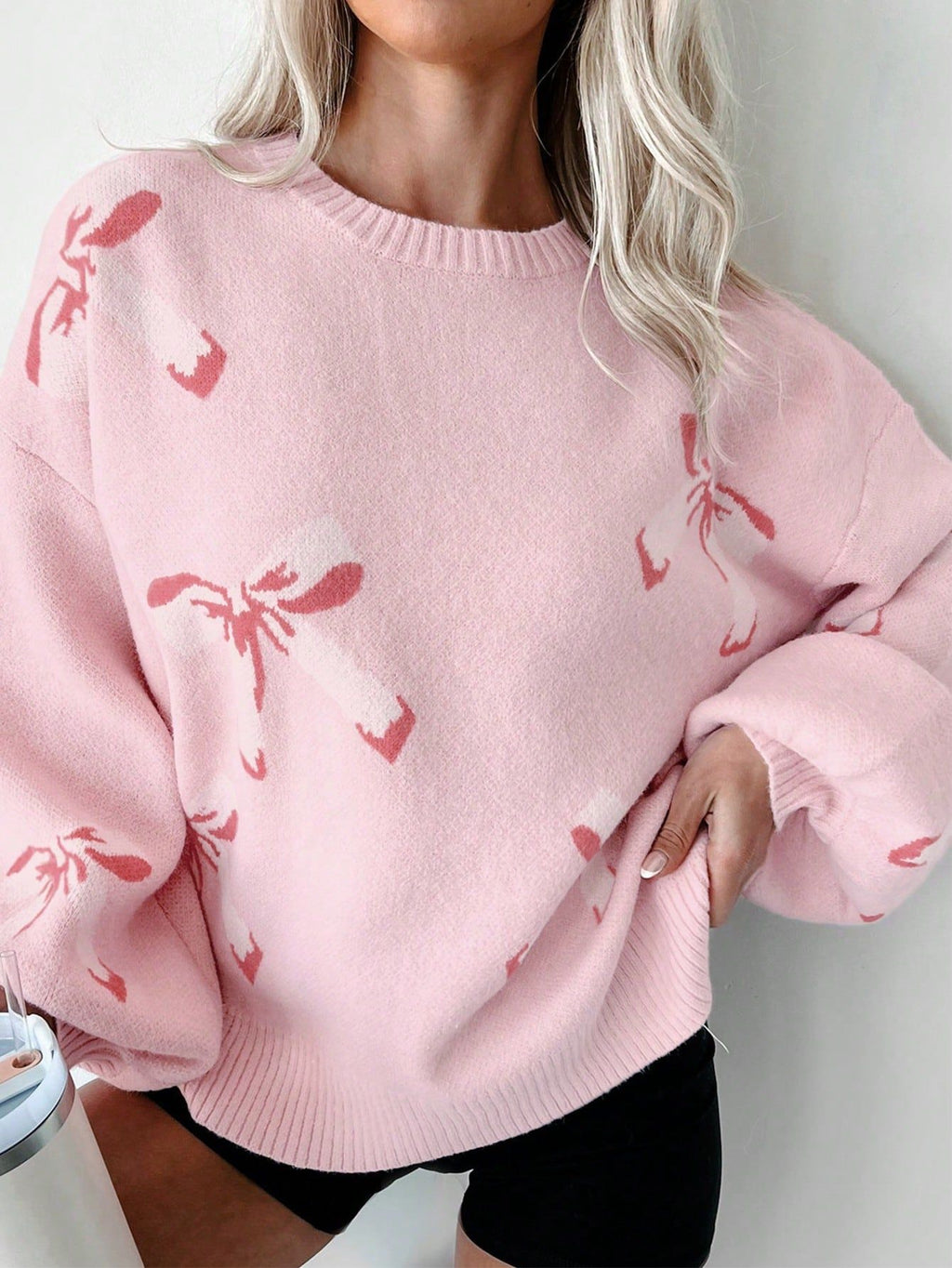 Ribbon Bow Knit Pullover Sweater With Balloon Sleeves - Pink