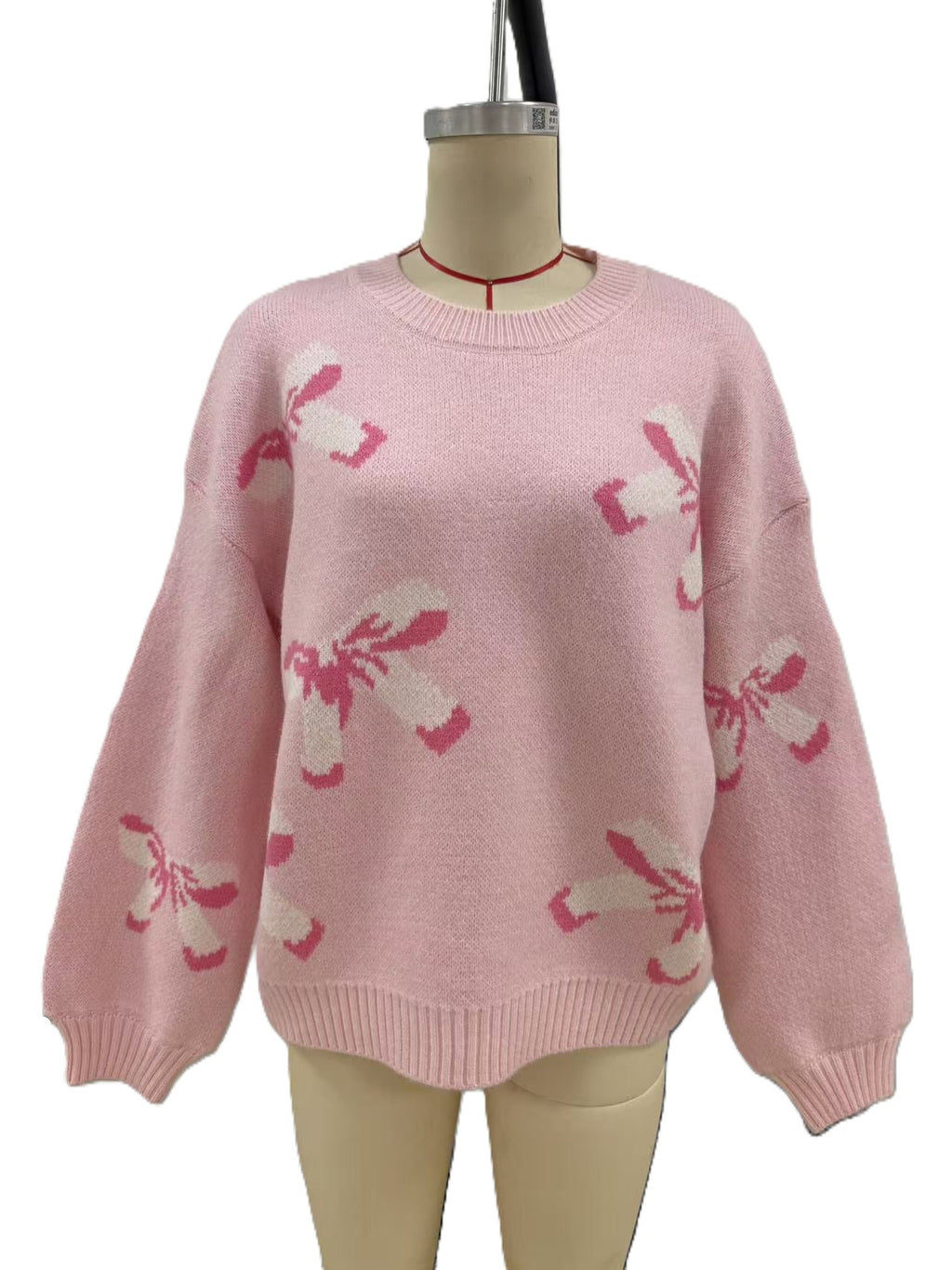 Ribbon Bow Knit Pullover Sweater With Balloon Sleeves - Pink - 1