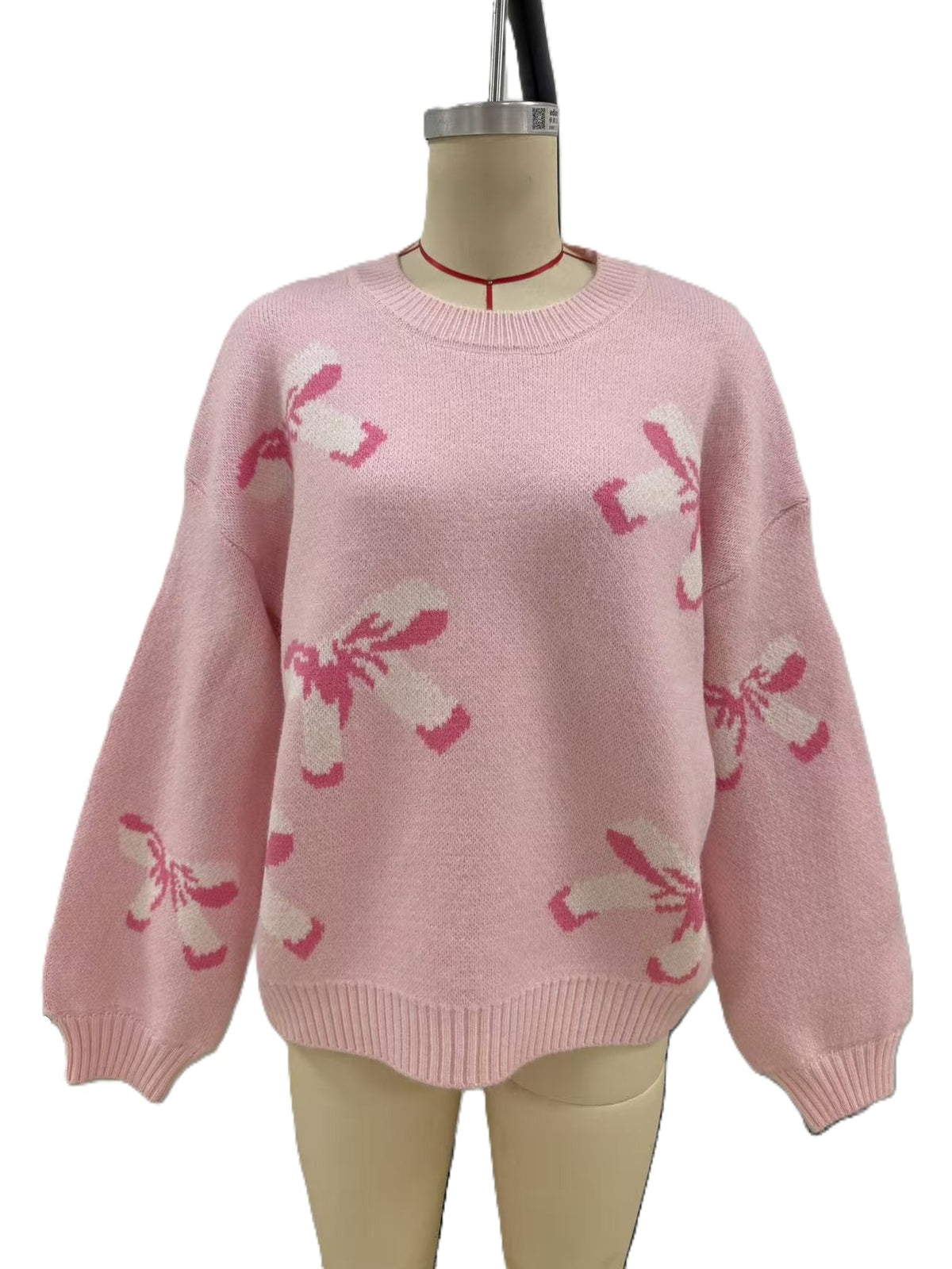 Ribbon Bow Knit Pullover Sweater With Balloon Sleeves - Pink - 1