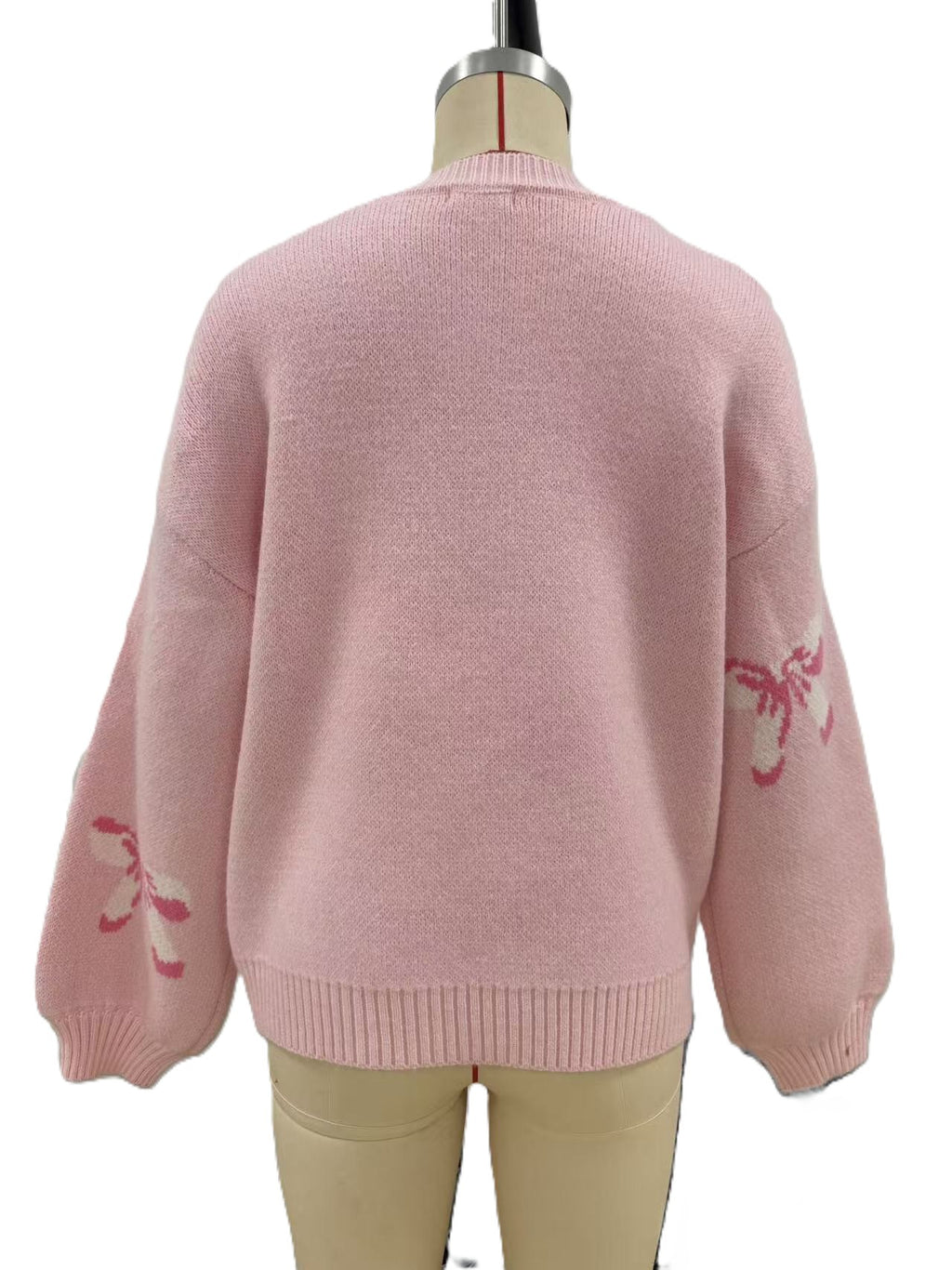 Ribbon Bow Knit Pullover Sweater With Balloon Sleeves - Pink - 2