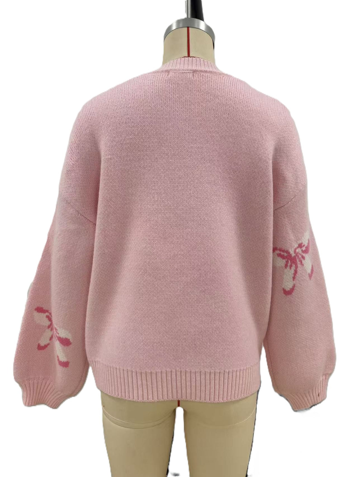 Ribbon Bow Knit Pullover Sweater With Balloon Sleeves - Pink - 2