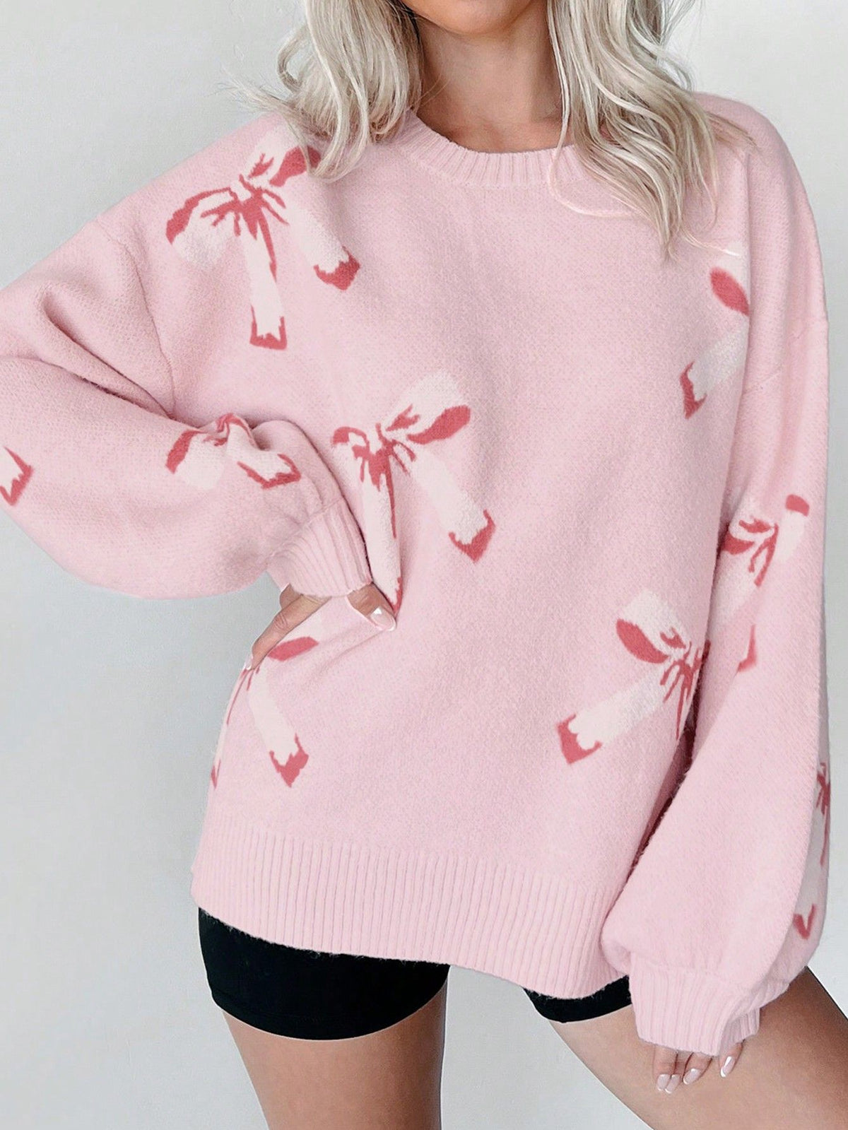 Ribbon Bow Knit Pullover Sweater With Balloon Sleeves - Pink - 3