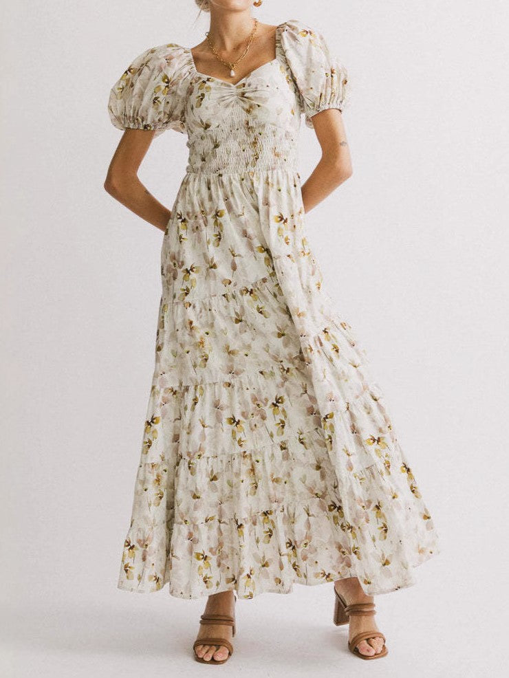 Sweetheart Neck Tiered Floral Maxi Dress - Apricot