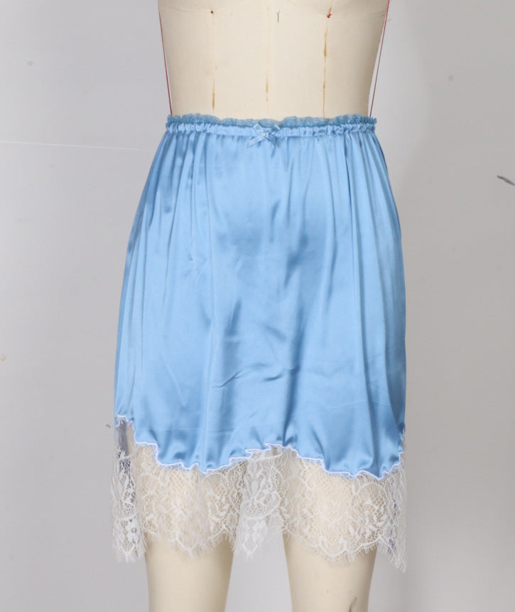 Scalloped Lace Trim Satin Mini Skirt - Blue - 1