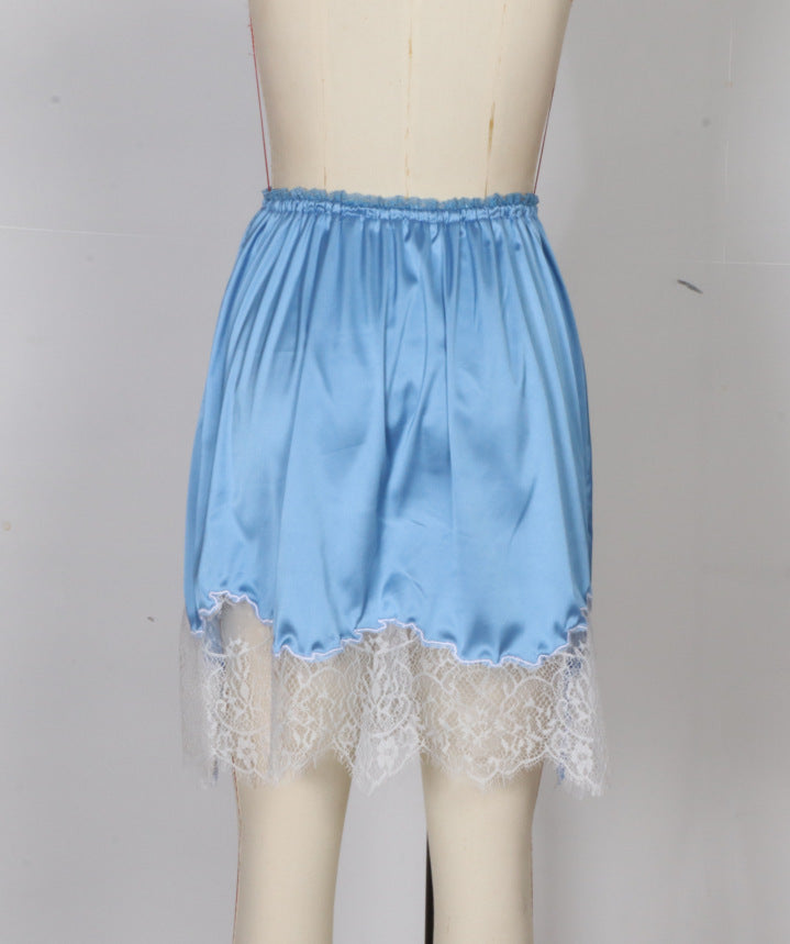 Scalloped Lace Trim Satin Mini Skirt - Blue - 2