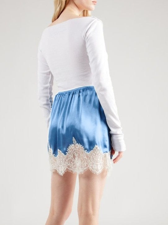 Scalloped Lace Trim Satin Mini Skirt - Blue - 3