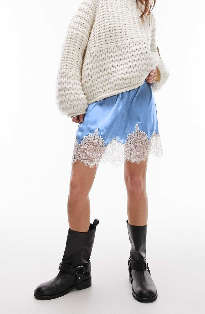 Scalloped Lace Trim Satin Mini Skirt - Blue - 4