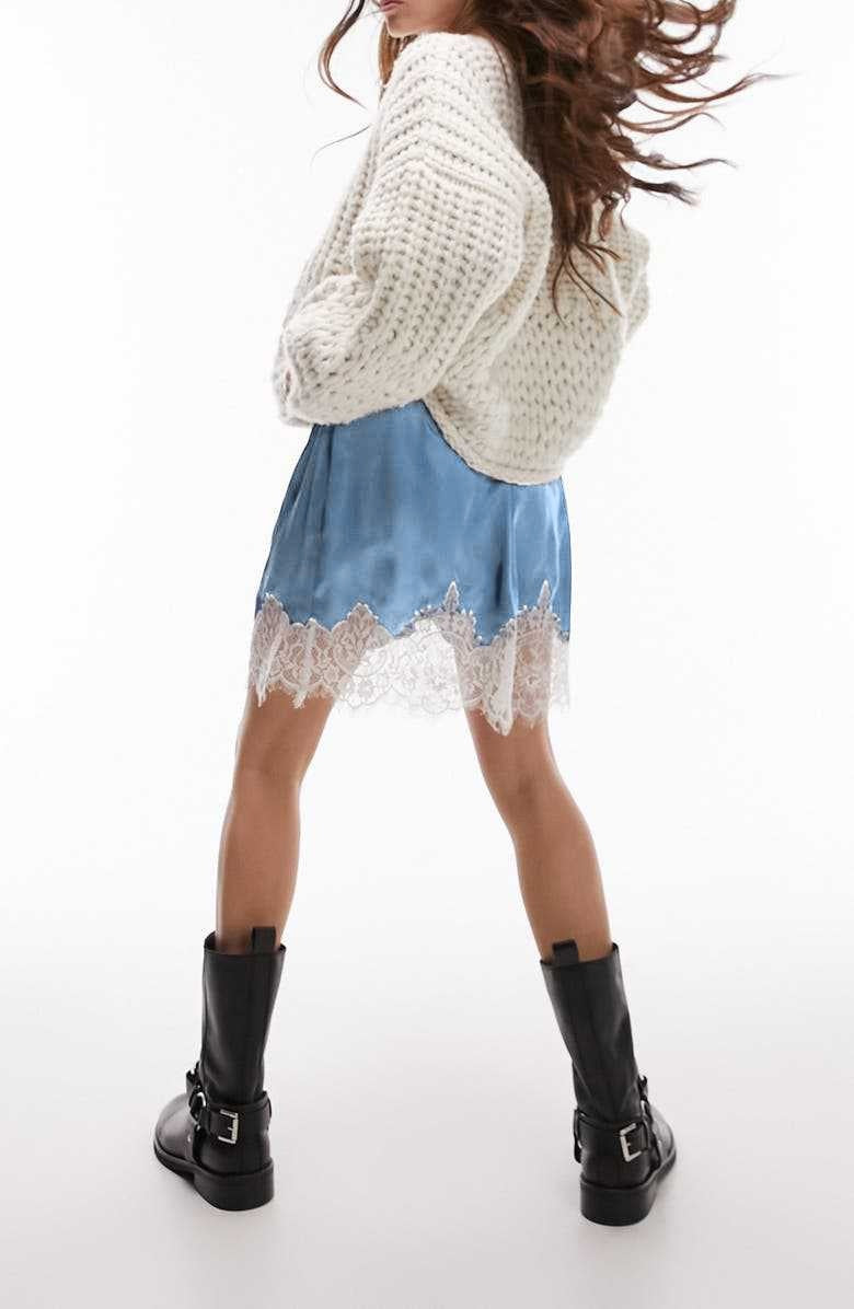 Scalloped Lace Trim Satin Mini Skirt - Blue - 5