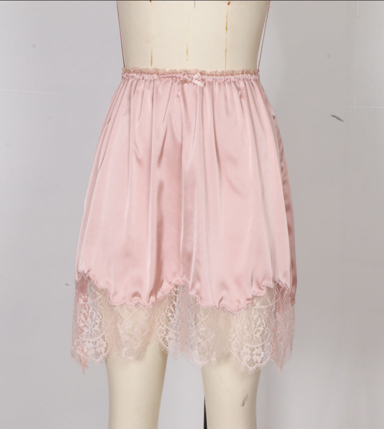 Scalloped Lace Trim Satin Mini Skirt - Pink