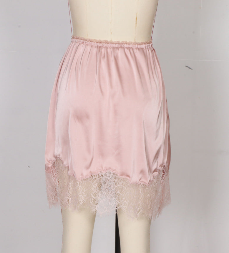 Scalloped Lace Trim Satin Mini Skirt - Pink - 1