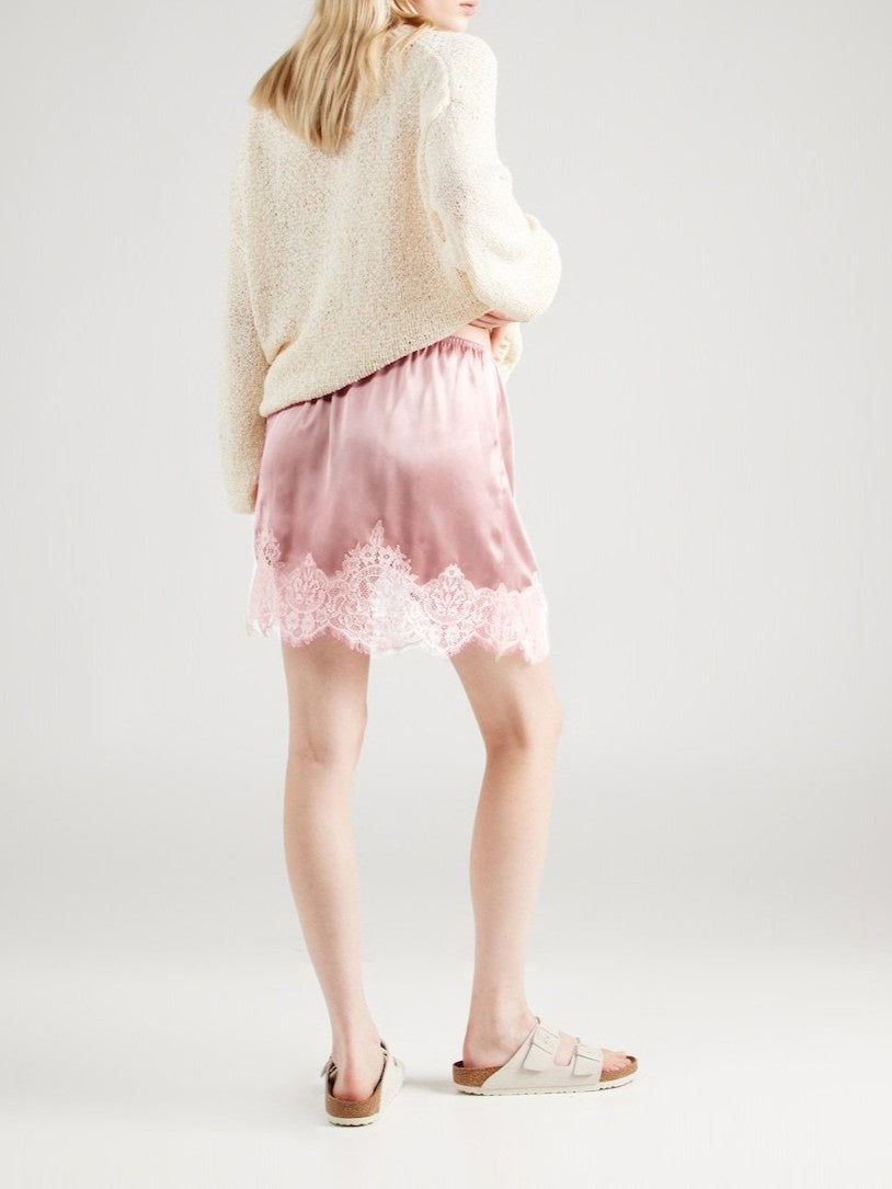 Scalloped Lace Trim Satin Mini Skirt - Pink - 4