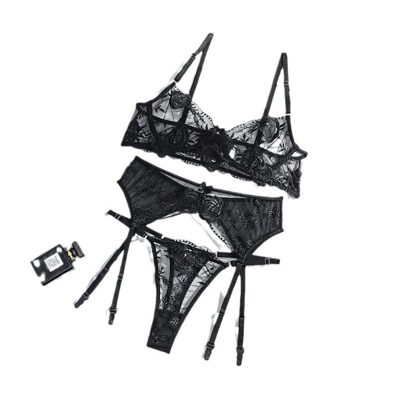 Black Rose Embroidered Sheer Mesh Garter Set