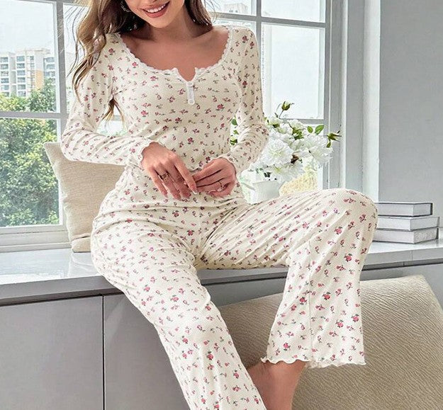 Ditsy Floral Ribbed Lounge Top And Pants - OffWhite