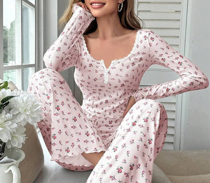 Ditsy Floral Ribbed Lounge Top And Pants - Pink