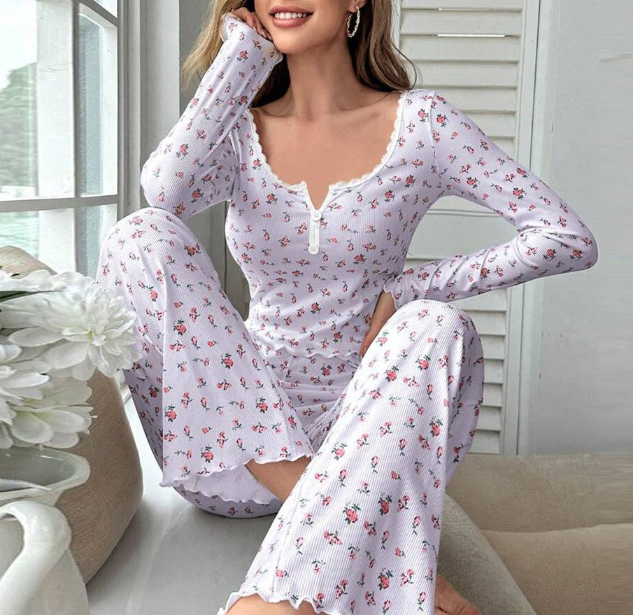 Ditsy Floral Ribbed Lounge Top And Pants - Purple