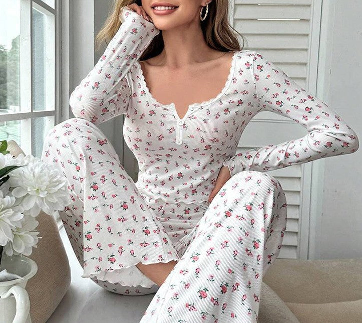 Ditsy Floral Ribbed Lounge Top And Pants - White