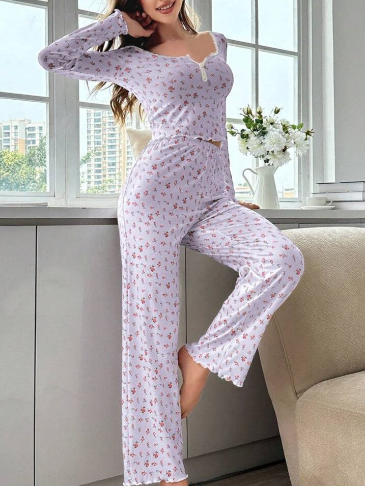Ditsy Floral Ribbed Lounge Top And Pants