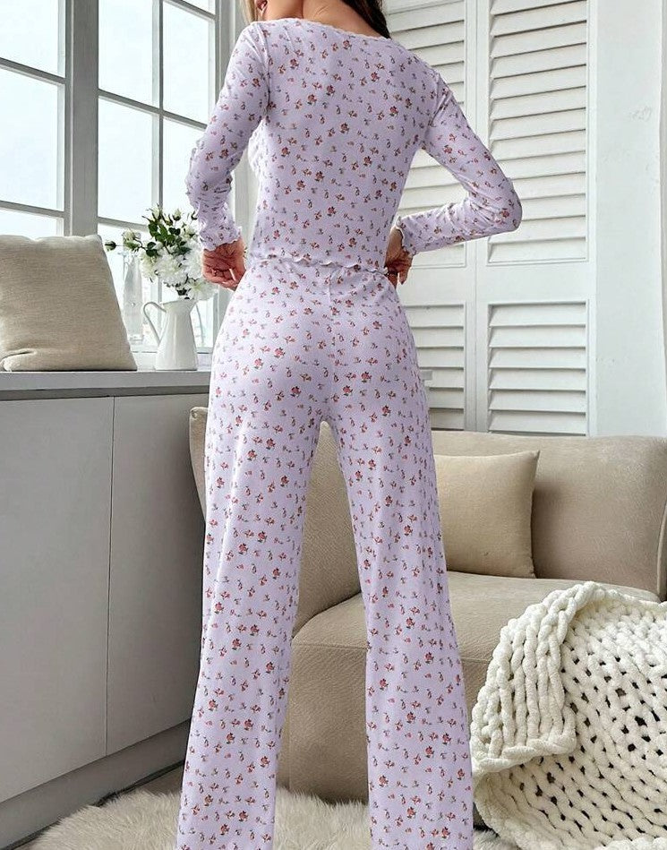Ditsy Floral Ribbed Lounge Top And Pants - view 1