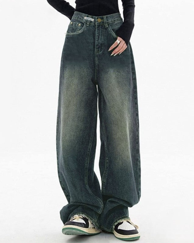 Faded Wash Baggy Wide Leg Jeans - Blue - 1
