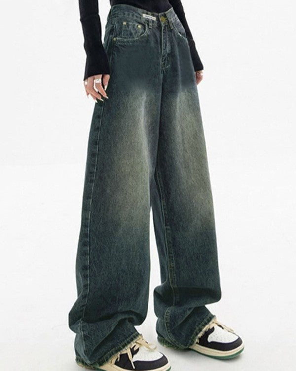 Faded Wash Baggy Wide Leg Jeans - Blue - 2