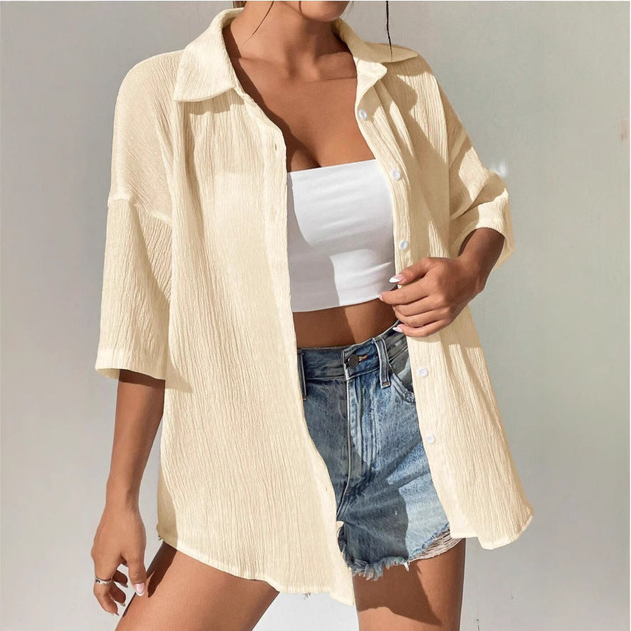 Crinkle Texture Oversized Button Down Shirt - Apricot