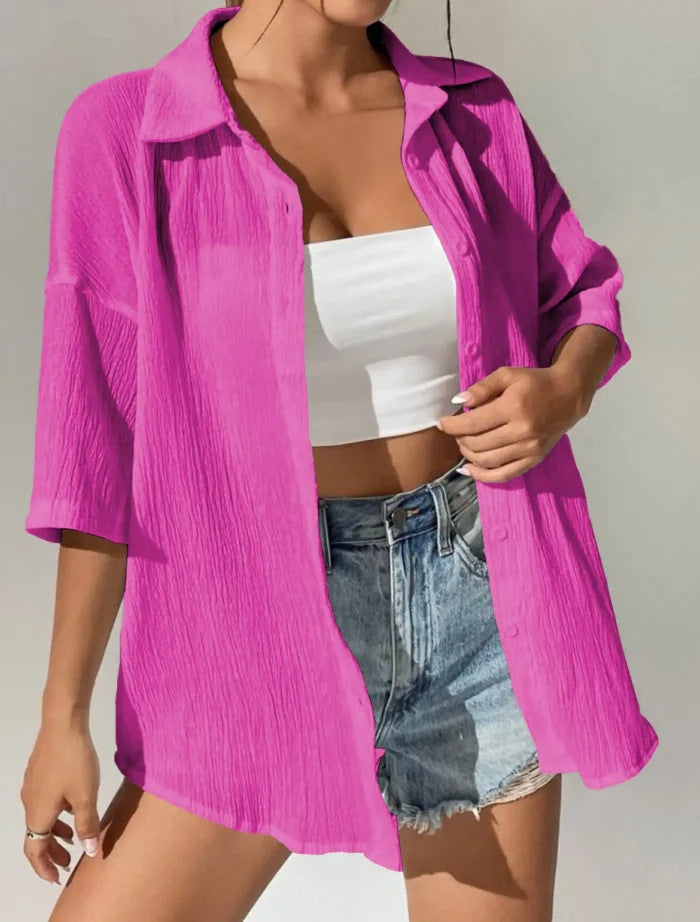 Crinkle Texture Oversized Button Down Shirt - Rose